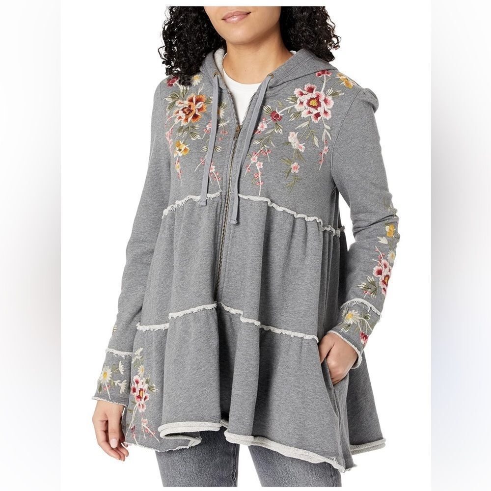 Johnny Was Tiered Floral Zip Front Hoodie